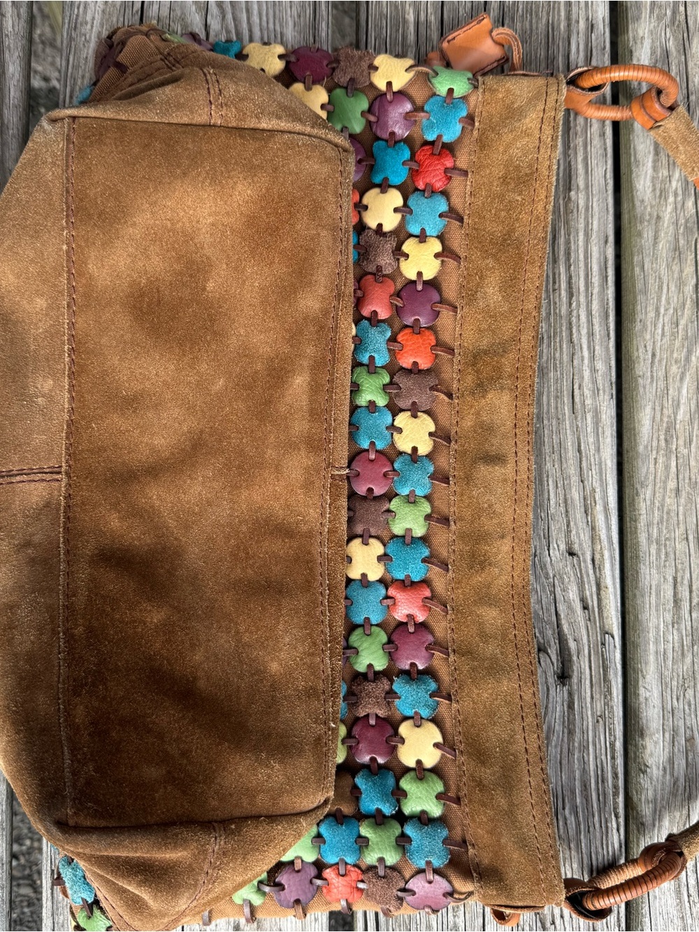 Vintage Lucky Brand Brown Suede Tote with Multicolor Flower Studs - Picture 2 of 15